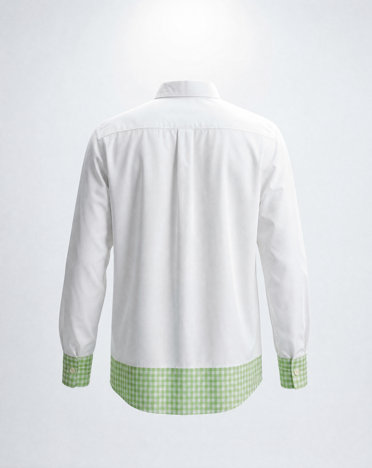 White shirt with green checkered cuffs and hem on a white background