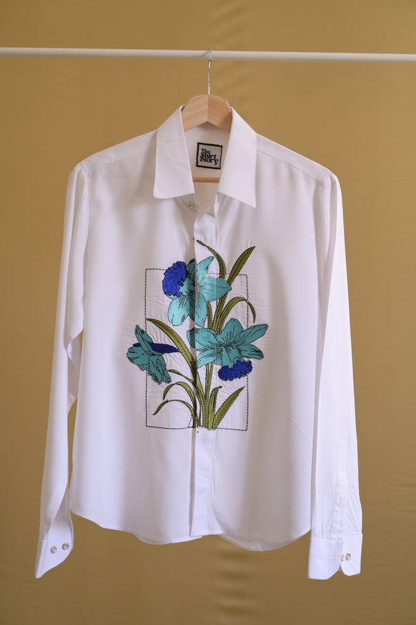 Blue Bloom Embroidered Office wear White Shirt