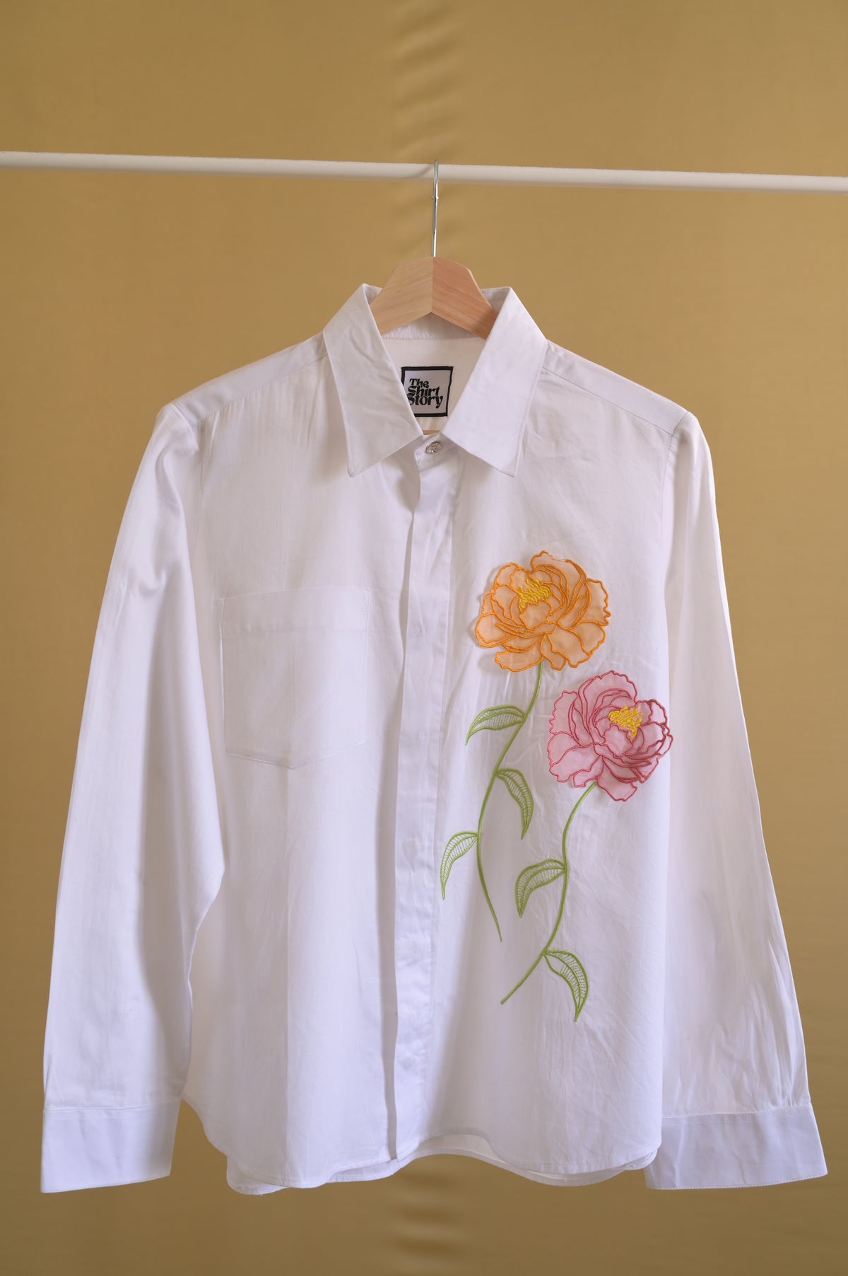 Pastel peonies embroidery office wear shirt- White