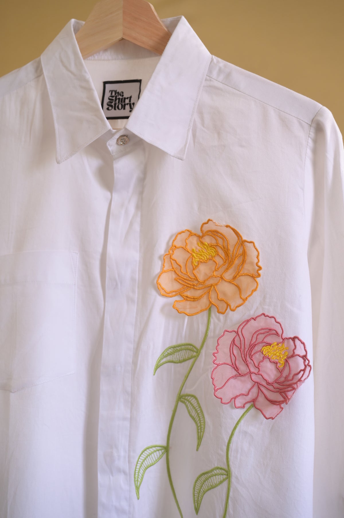 Pastel peonies embroidery office wear shirt- White