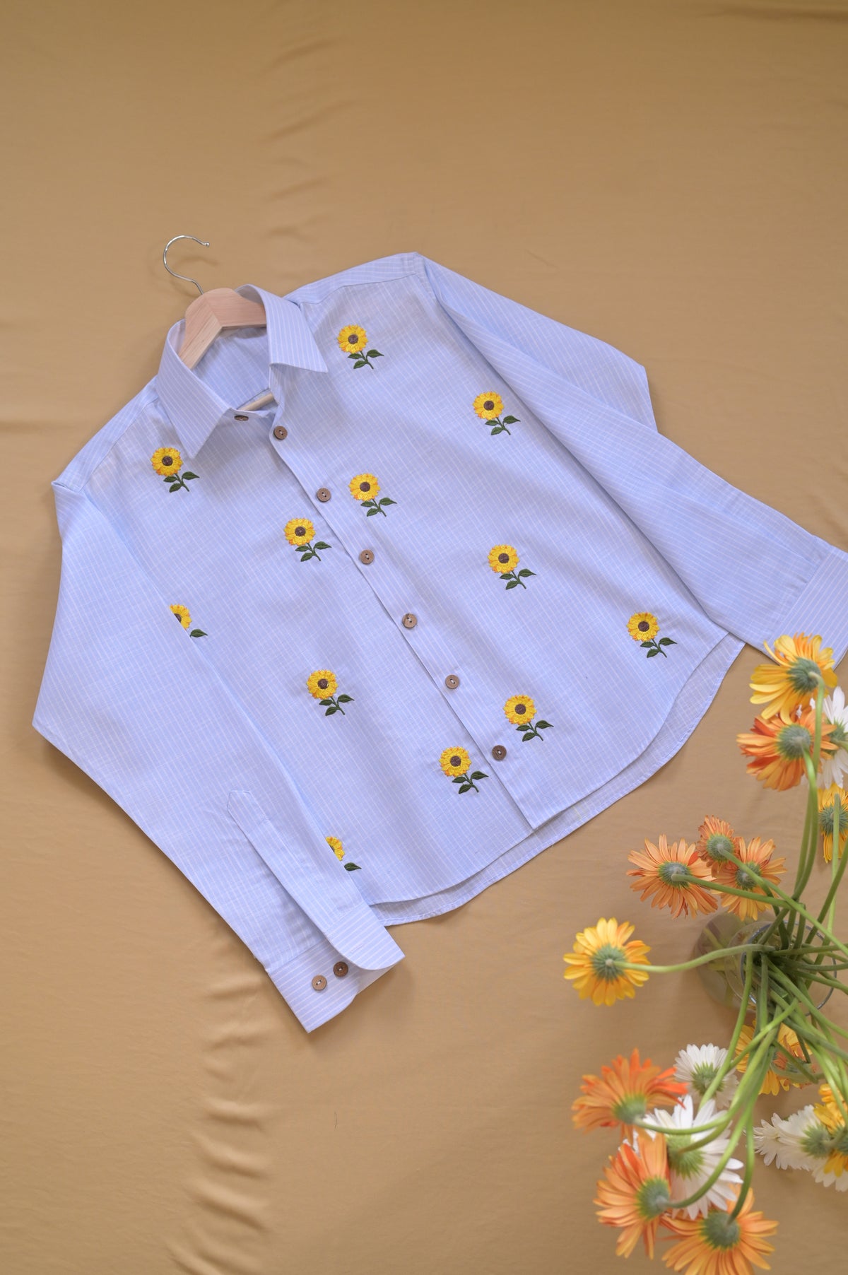 Blue striped Shirt with sunflowers