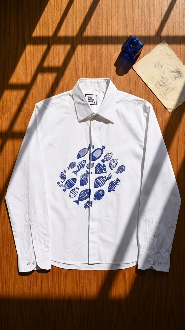 White Semi-formal shirt with fish embroidery detail